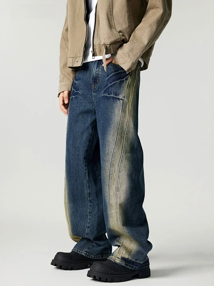 

Uktk American Retro Heavyweight Waed Loose Straight Leg Vertical Bone Fried Sand Design Wide Leg Jeans Casual Cotton Denim