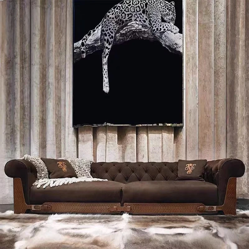 Postmodern light luxury Italian high-end buckle sofa single seat large flat-floor villa designer matte fabric straight-row sofa