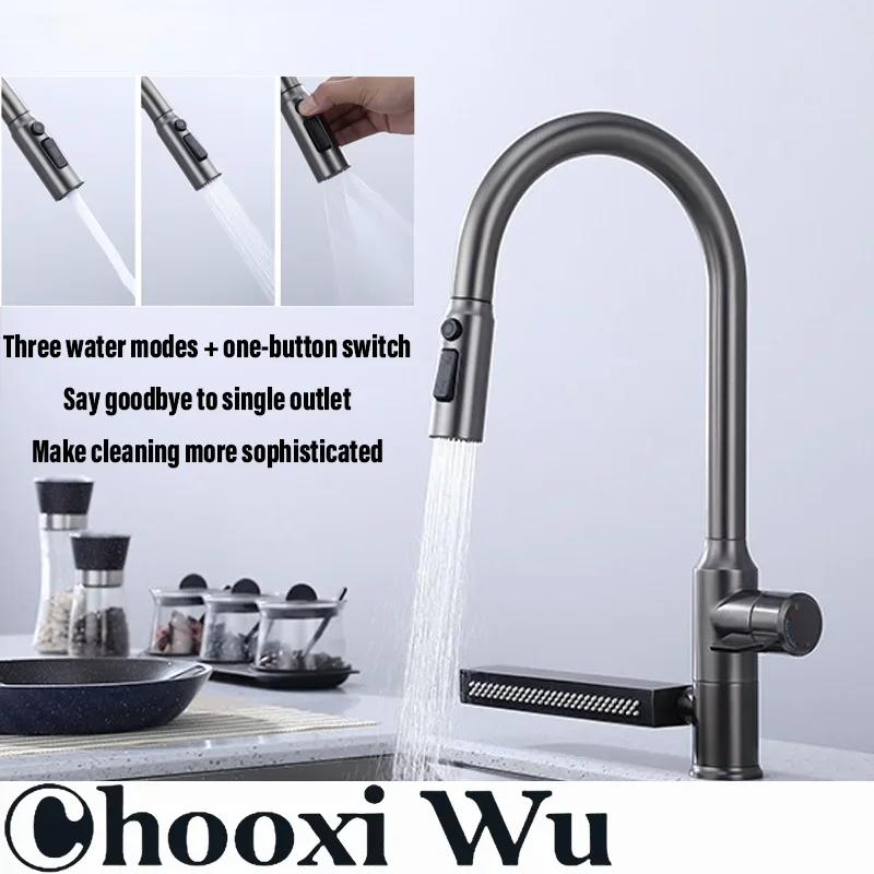 Torneira de cozinha de aço inoxidável 304 com instalação de bancada de pia cascata misturador quente e frio 360 °   Rotação para Cozinha