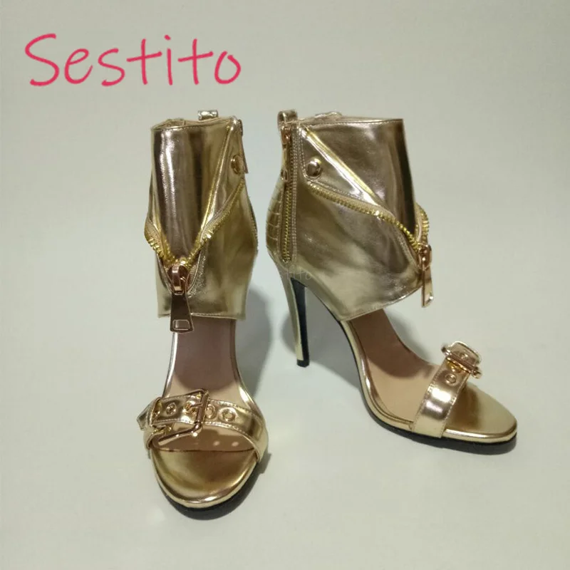 

Stiletto High Heels Women's Fashionable Belt Buckle with Flanged Design Fish Mouth Zipper Buckle Multi-Element Sandals