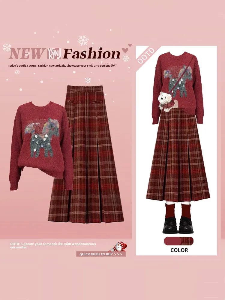 

Зимний винтажный вязаный свитер в консервативном стиле, клетчатая юбка, женский комплект нежного ансамбля «Асфера», длинный свек для колледжа, круглый Ne