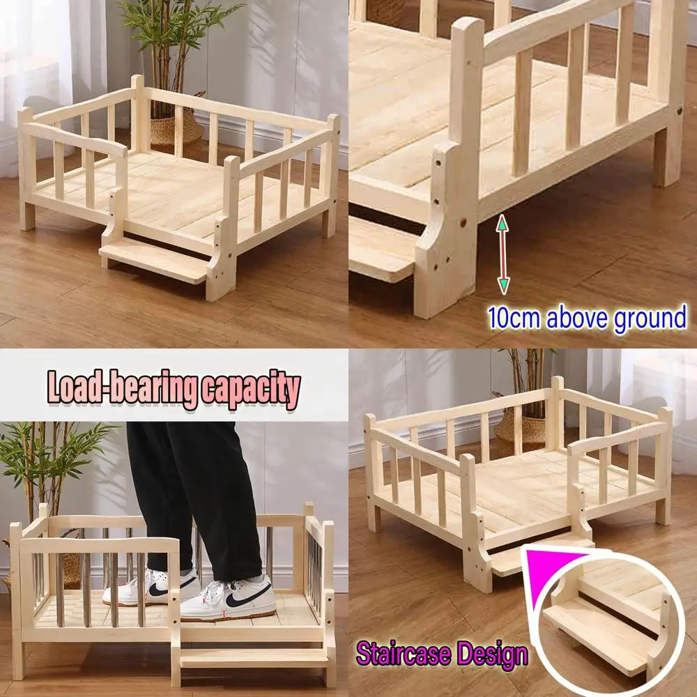 Elevated Solid Wood Pet Bed with Stairs, Removable Sofa, High Fence for Dogs and Cats, Ideal for Camping, Large Size 26.7x18.8x1