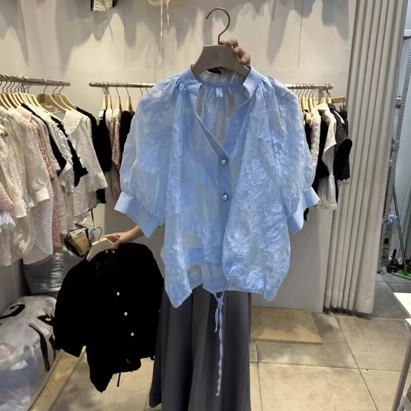 

Unique Korean Style Women's Shirt Summer 2026 Loose Fit V-Neck Short Sleeve Tie-Detail Breathable Fashionable Top