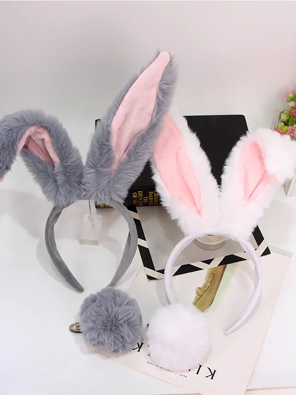 Gray Long Rabbit Ear Headband Plush Rabbit Tail Set Party Performance COS Accessories Headwear Soft Toy Cosplay Props