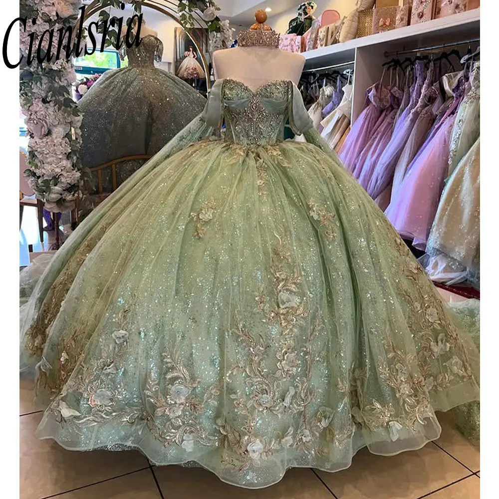 

Шалфейно-зеленые ленты с открытыми плечами, платья Quinceanera, бальное платье, аппликации, кружево, бисер, сладкий 15, мексиканский индивидуальный заказ