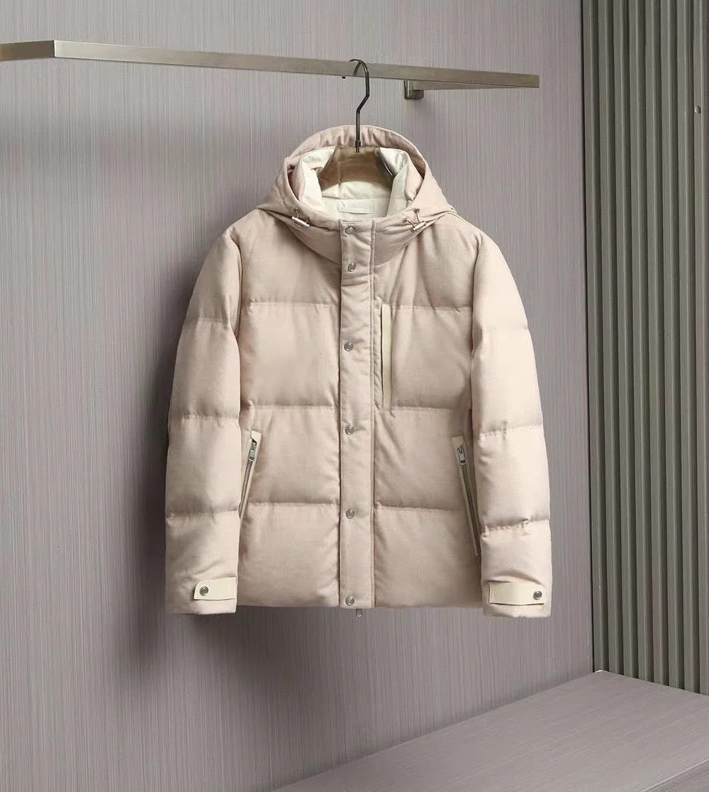 

Italian Sle Luxury Men's down Jaet Wool Blend Camere Hooded Warmth White Du Feather 90% Filling Thi Casual Loose Fit