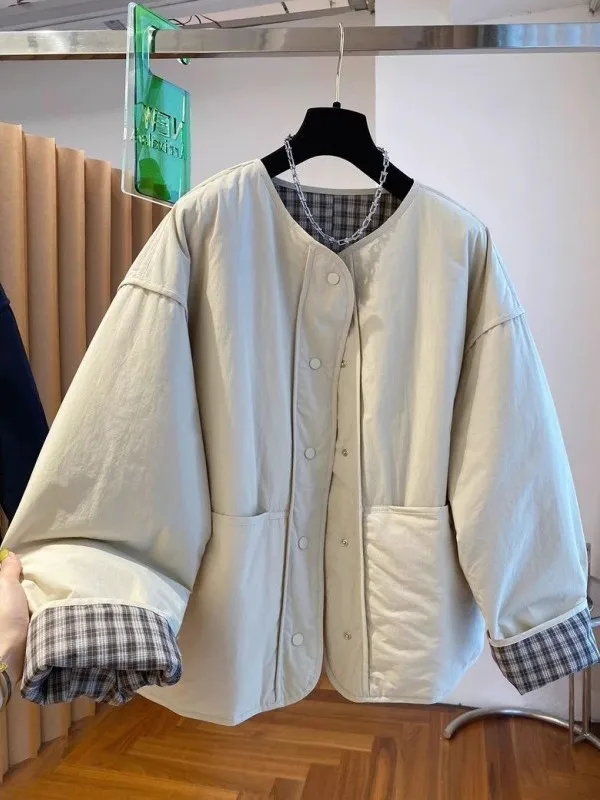 

Мужская теплая куртка свободного кроя с круглым вырезом, хлопковая, в корейском стиле, оверсайз, с карманами и пуговицами, с длинными рукавами