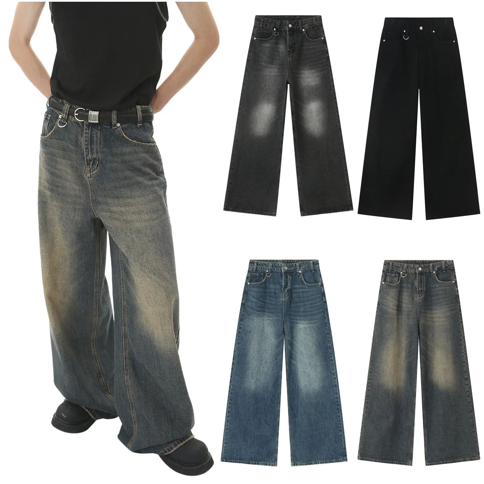 Pantalones vaqueros para hombre, estilo Retro americano, informales, holgados, blanqueados, patinador, pantalones vaqueros de Hip Hop, pantalones elásticos a la moda para hombre, ropa de calle