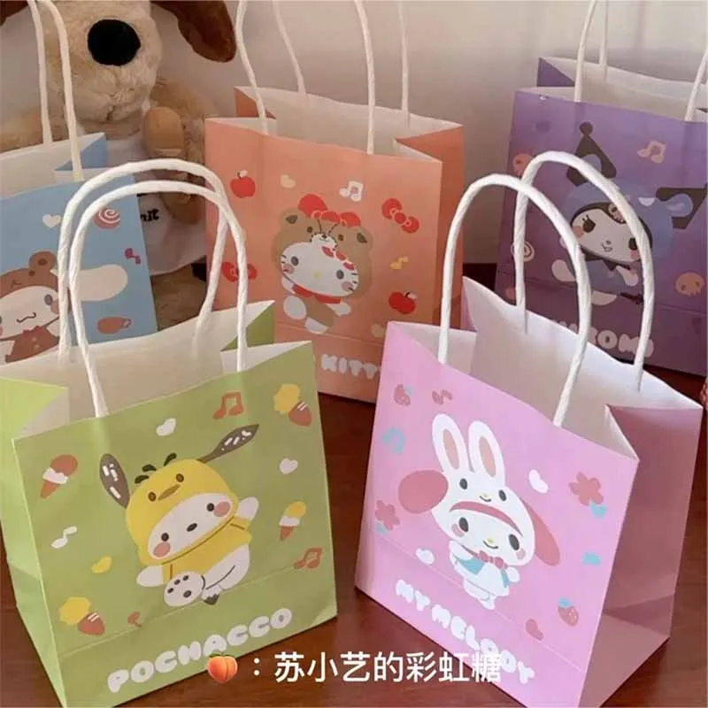 Kawaii Sanrio Gift Bag Cute Kuromi Hellokitty Mymelody Gift Tote Bags Cartoon Pattern Kraft Paper Bags Children's Birthday Gifts