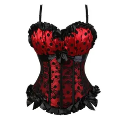 Women's Overbust Corset Top with Straps Lovely Sexy Lace Bowknot Polka Dots Corset Bustier Tops Fancy Party Victorian Corsets