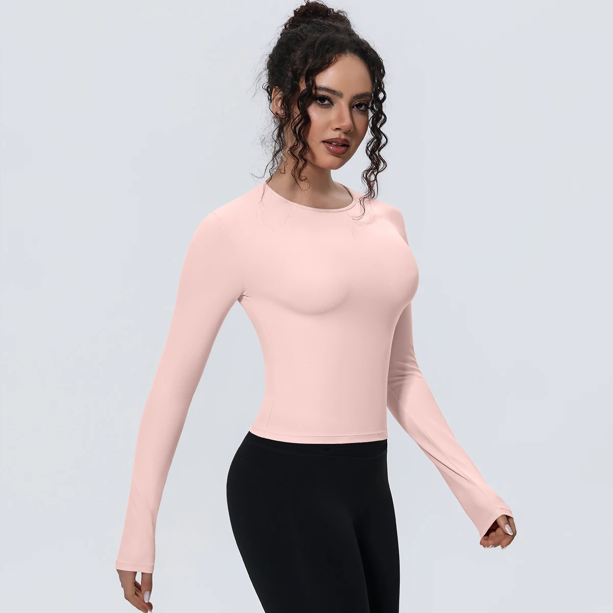 1 Stück Schlankes Casual Sommer Yoga Langarm-Oberteil für Damen, Fitness-Sport-Laufshirt mit Schnelltrocknung, Einfarbiges Trainingsshirt – Detail 9