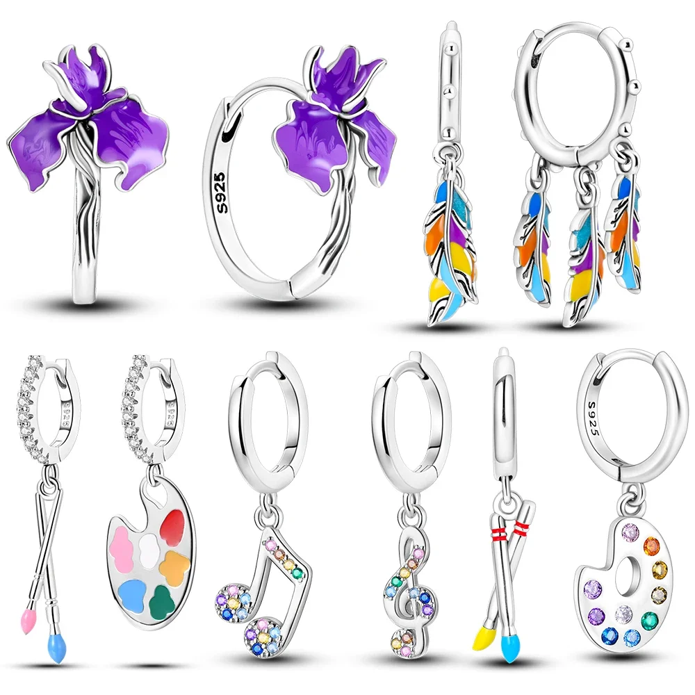 925 Sterling Silver Flower Feather Hoop Earrings Oil Painting Musical Note Earrings Zircon for Women Girl Making Jewelry Gift