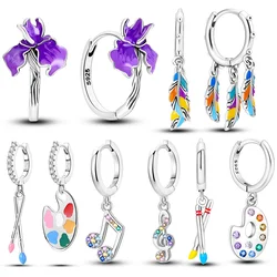 925 Sterling Silver Flower Feather Hoop Earrings Oil Painting Musical Note Earrings Zircon for Women Girl Making Jewelry Gift