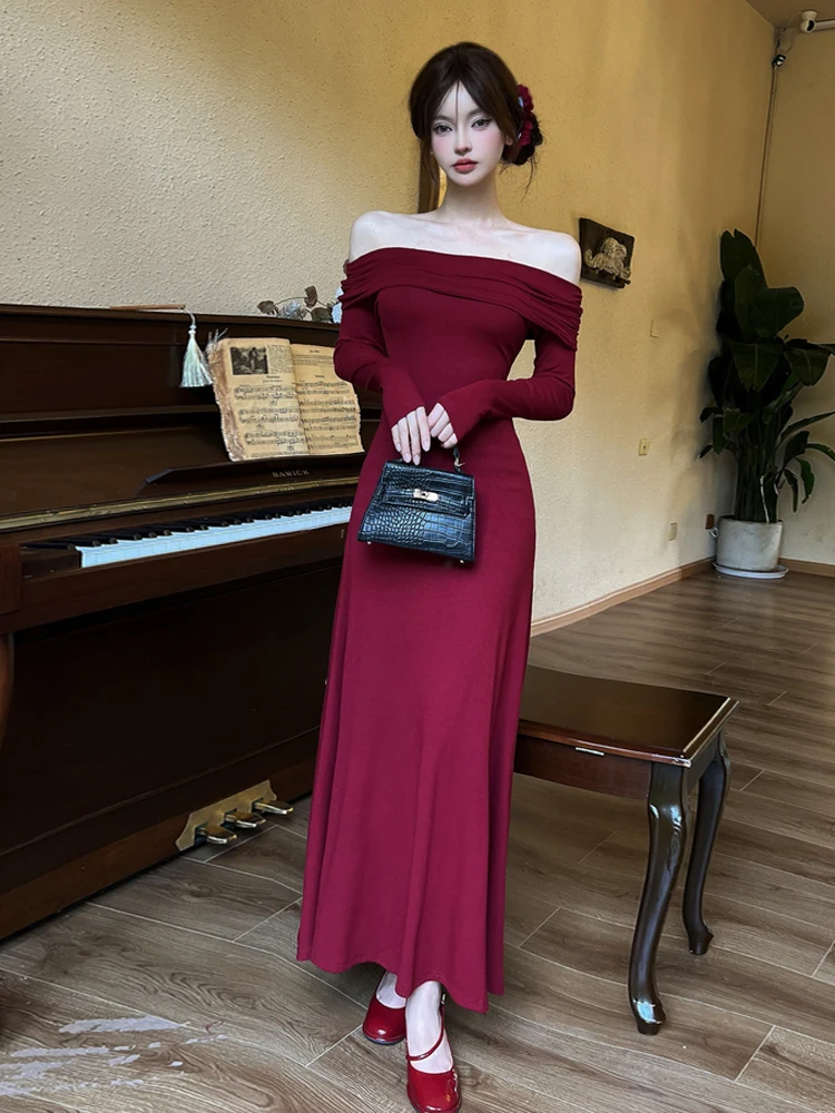 Vintage de um ombro gola dupla camada vermelho bodycon saia feminina irregular ruched fino ajuste a linha alta rua maxi saia outono