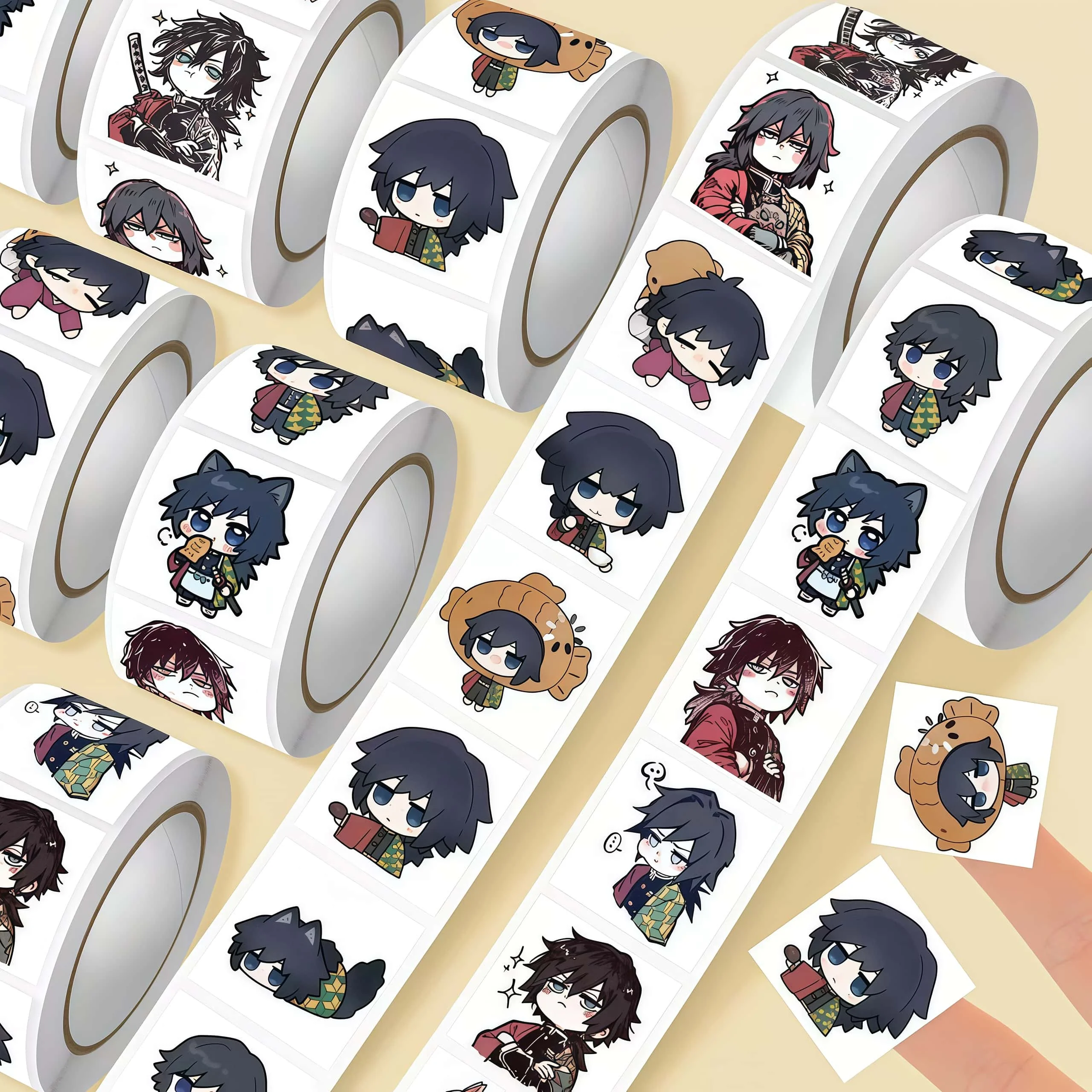 500Pcs Tomioka Giyu Sticker Roll (Demon Slayer), Cute Chibi Expressions & Multiple Styles Seal Decals for Decor, DIY & Gifts