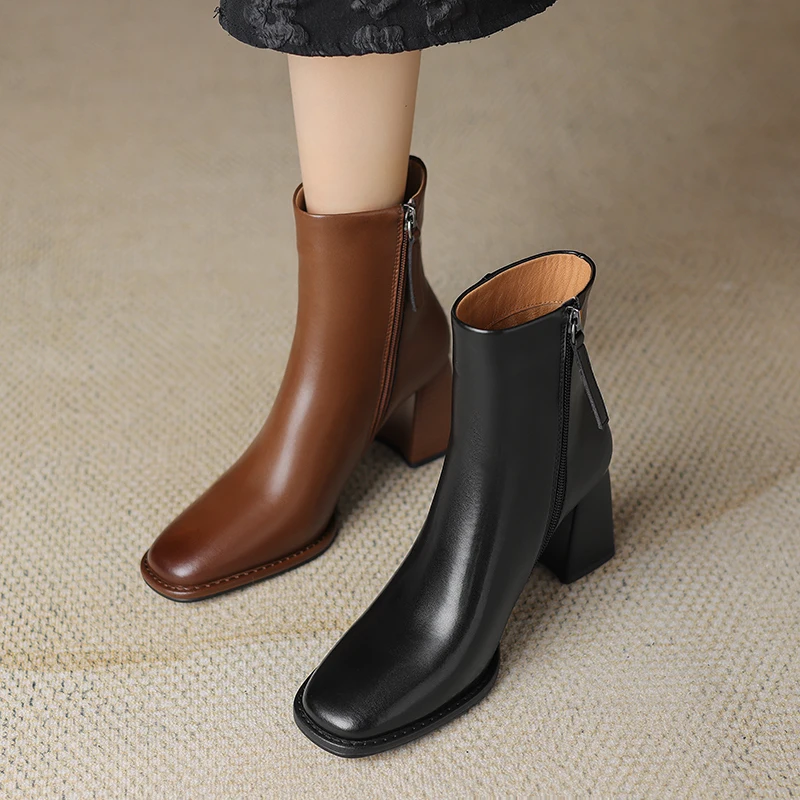 2024 Autumn/Winter Women Boots Square Toe High Heel Shoes for Women Leather Boots Women Handemade Shoes Mid-calf Ladies Shoes