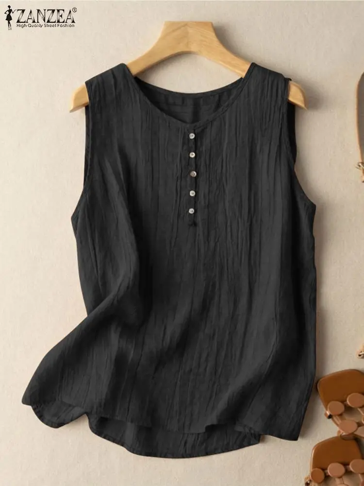 2024 ZANZEA Vintage Summer Women Tanks Tops Casual Loose Beach Blusas Solid Holiday Tunic Work Shirt O Neck Sleeveless Blouse