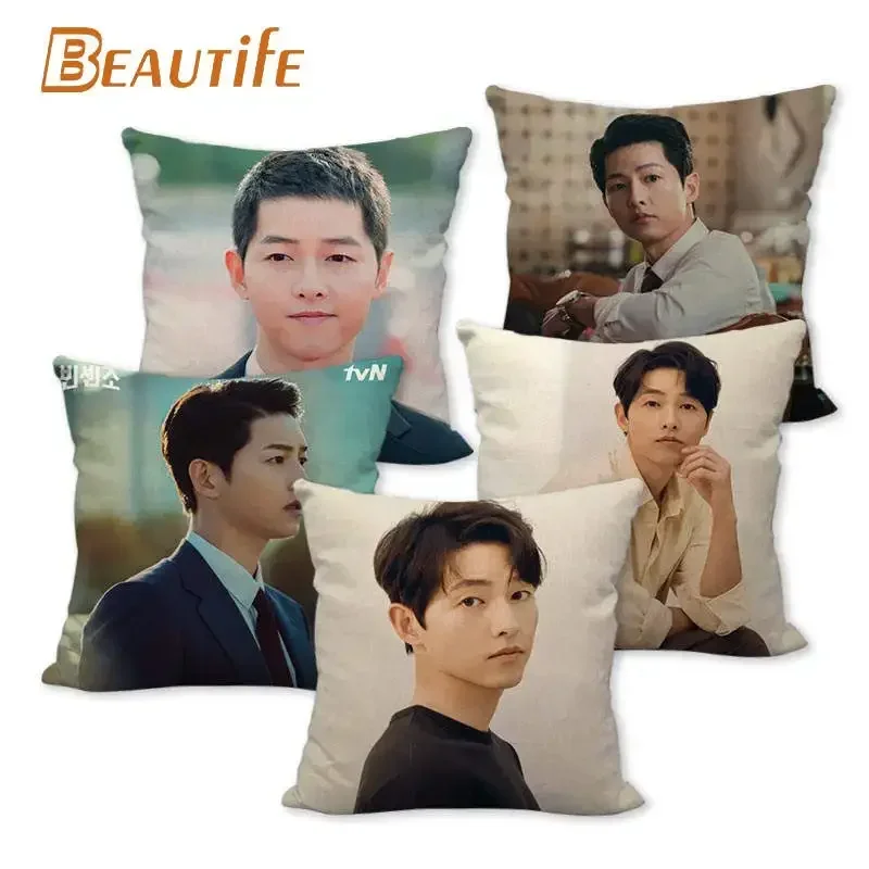 45X45cm Vincenzo Song Joong Ki KPOP Pillow Cover Square Zipper Cotton Linen Fabric Pillow Cases Bedroom Home Decorative Gift