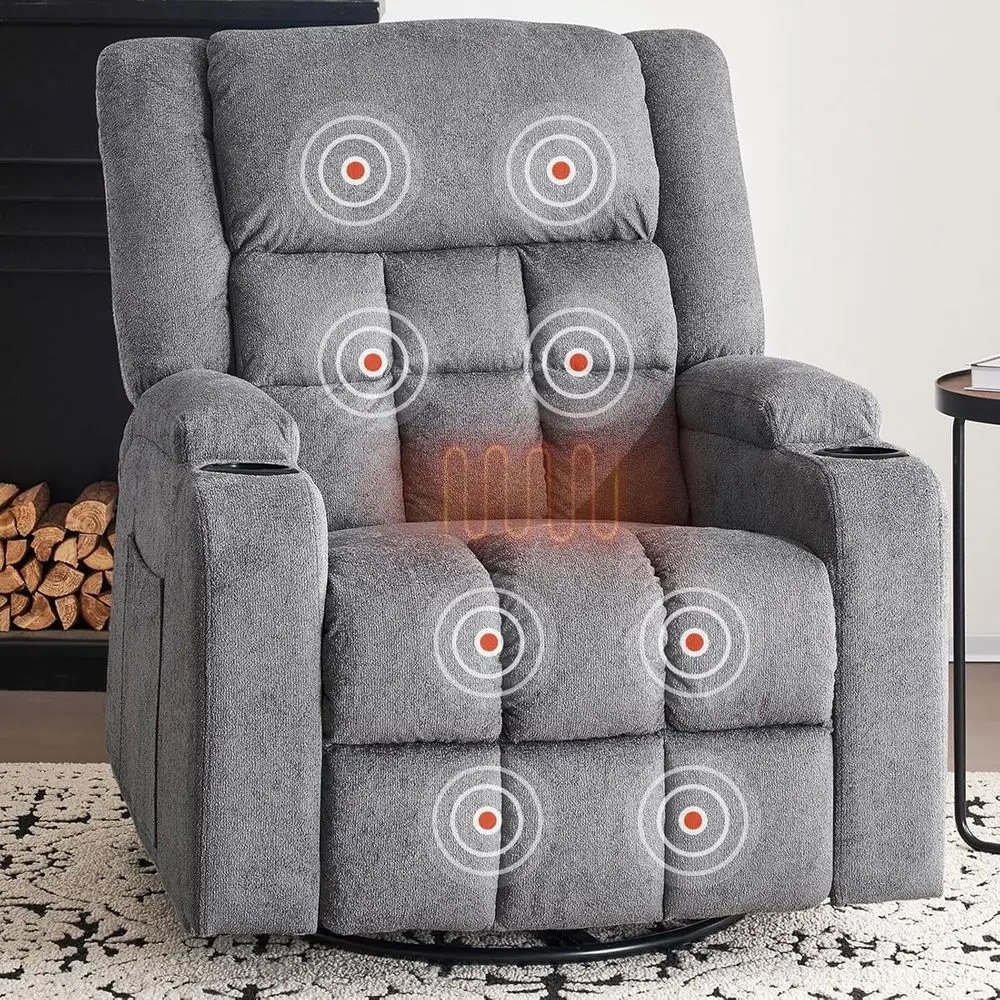 كرسي هزاز دوار من الشنيل الرمادي مع تدليك وحرارة لمساحات المعيشة