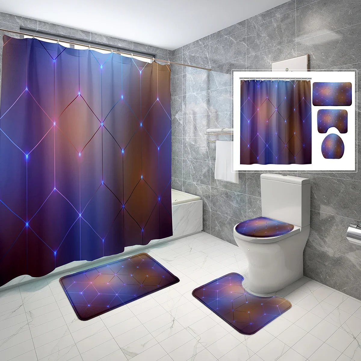 4 PCS Geometric Theme Shower Curtain Set,Color Gradient Cube Bathroom Waterproof Bath Curtain,Non-Slip Bath Mat Toilet Cover Set