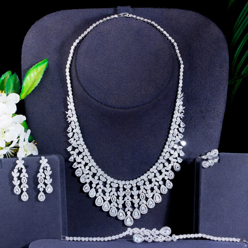 Pera Luxury Dangling Waterdrop Pendant CZ Stone Necklace Earrings Bracelet Ring Sets for Brides Wedding Jewelry Accessories J530