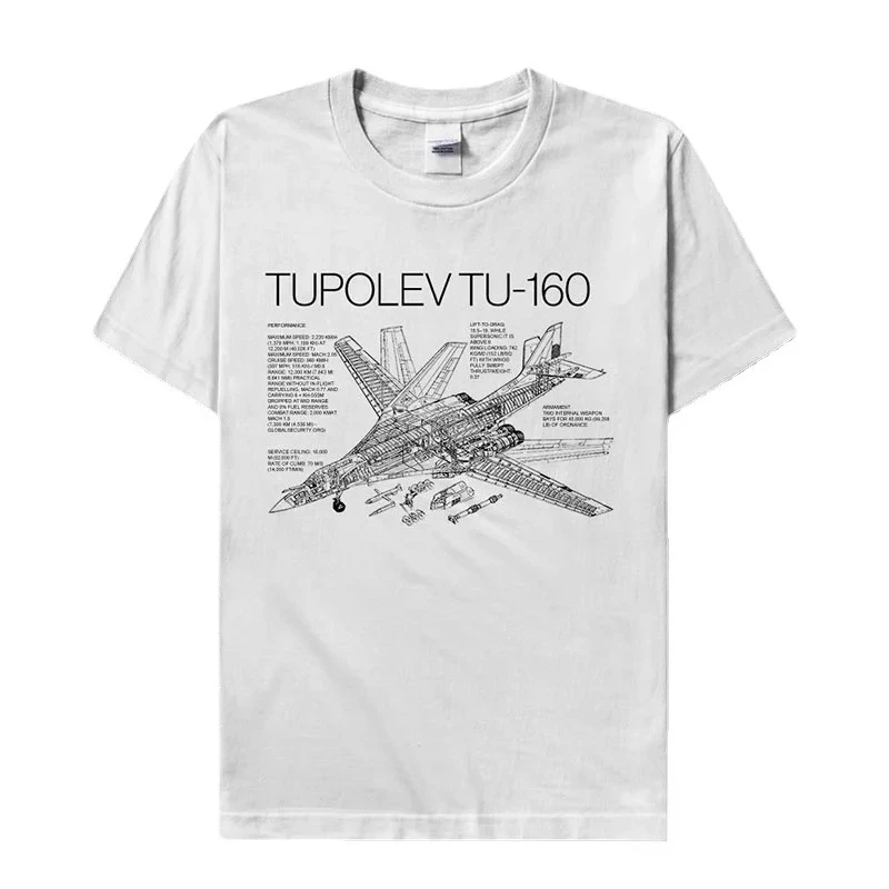 Camiseta con estampado de ilustración detallada de bombardero de cisne blanco ruso Tupolev TU160, camiseta de manga corta con cuello redondo de algodón, talla S-3XL