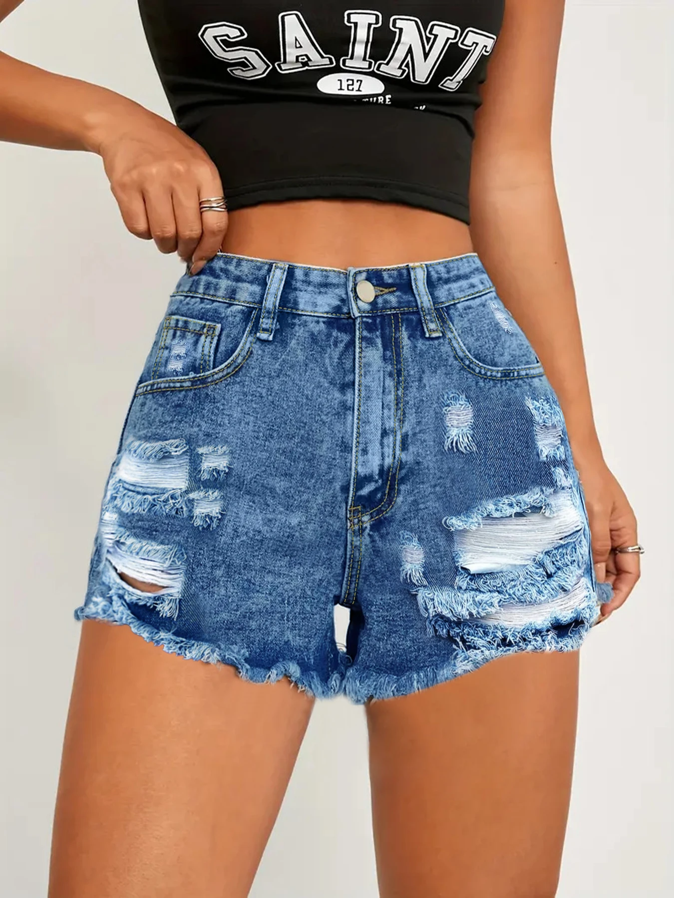 Women's Light Blue Washed Faded Denim Shorts, Irregular Frayed Hem, Leg-Lengthening Butt-Lifting Versatile Hot Pants