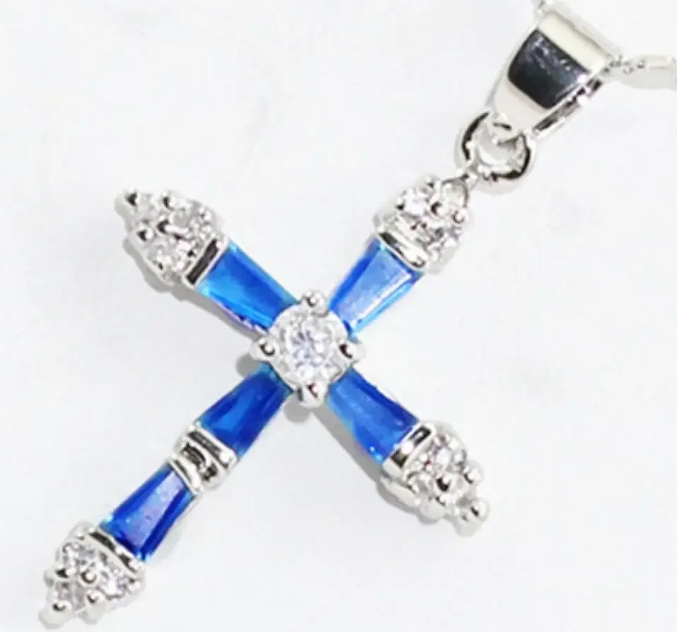 

Women's fashion silver plated micro inlaid Cross Blue Zircon Pendant Necklace
