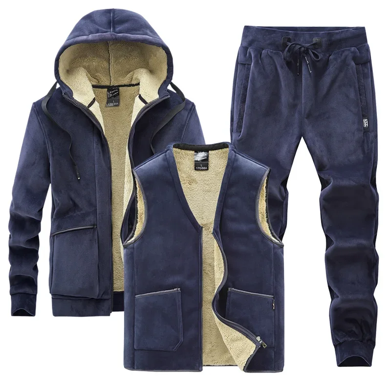 Men Winter Plus Velvet Thick Tracksuits Men's Lamb Cashmere Hoodies+vests+pants Three-pieces Sets Men Warm Casual Lamb Wool Sets image 4