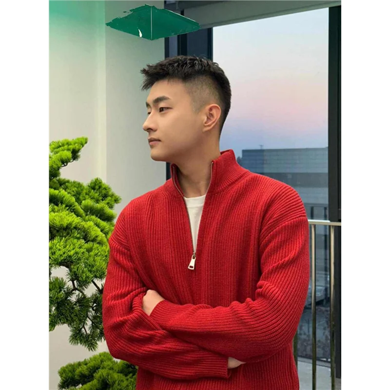 

Red Stand Collar Knitted Sweater Inner Wear Top for Men Autumn Winter Luy Year Lazy Sle Open Cardigan Sweater High End Fe...