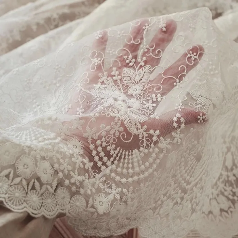 Romantic White Embroidered Lace Fabric French Style For Wedding Dress Home Decoration Tablecloth Fabric