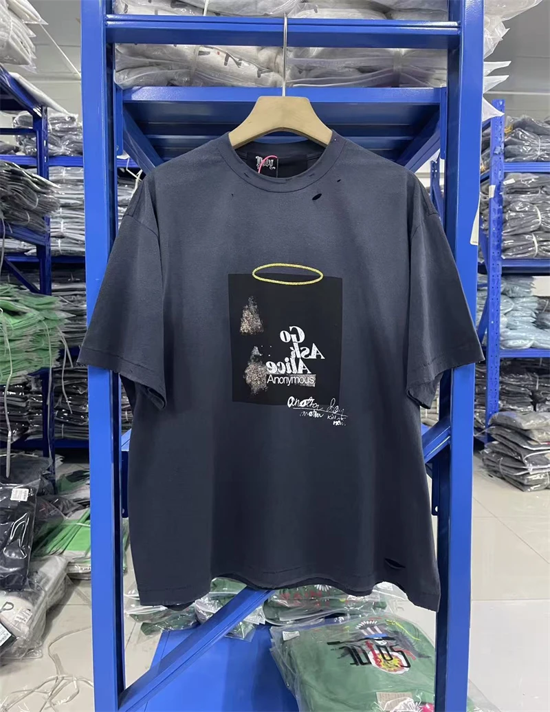 

New Paly Hollywo Loose Cotton Letter Pattern Print Washed Vintage Short Sleeve American High Street Versatile Trendy T-shirt