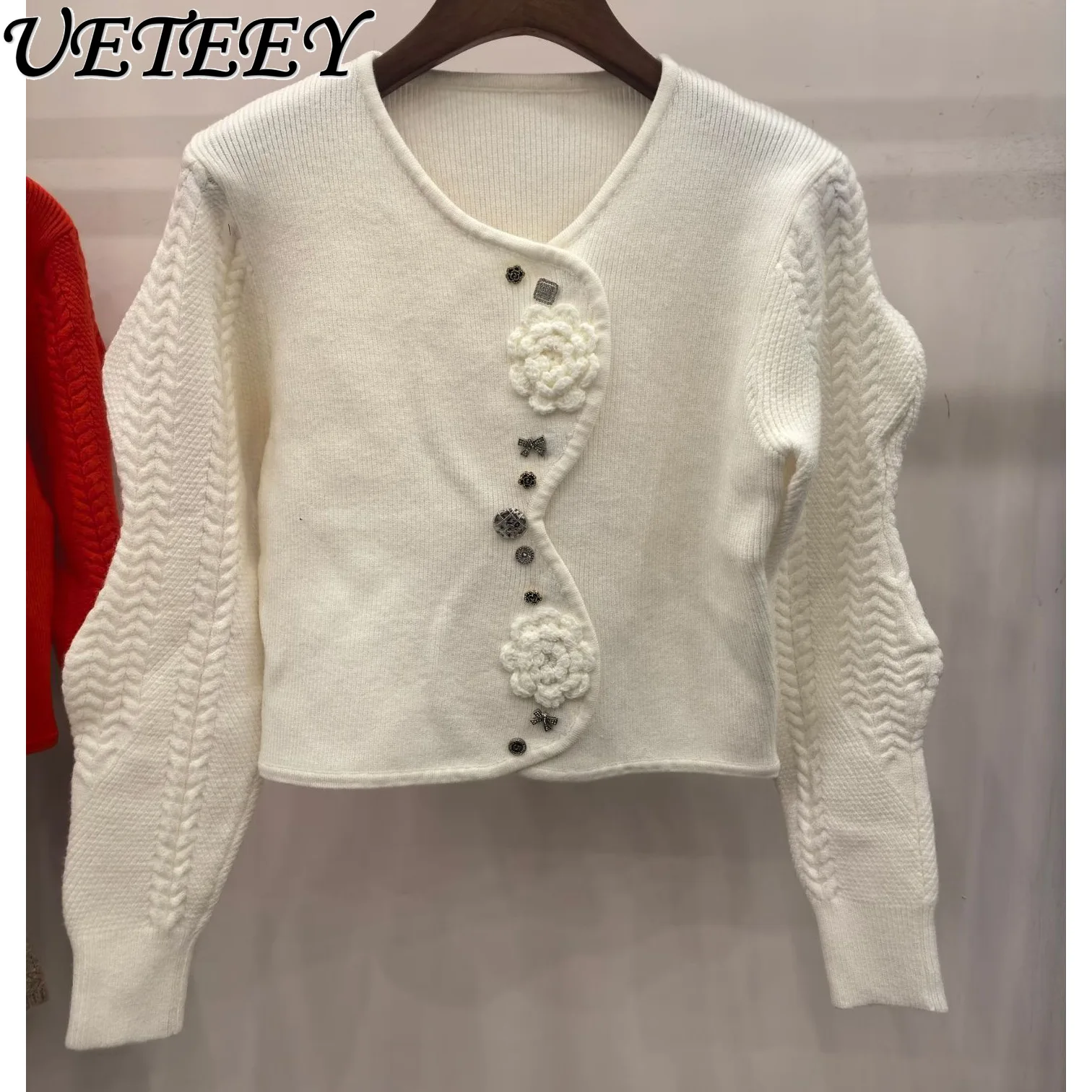 2026 início da primavera novo design elegante moda onda borda artesanal crochê camisola versátil curto de malha cardigan topo