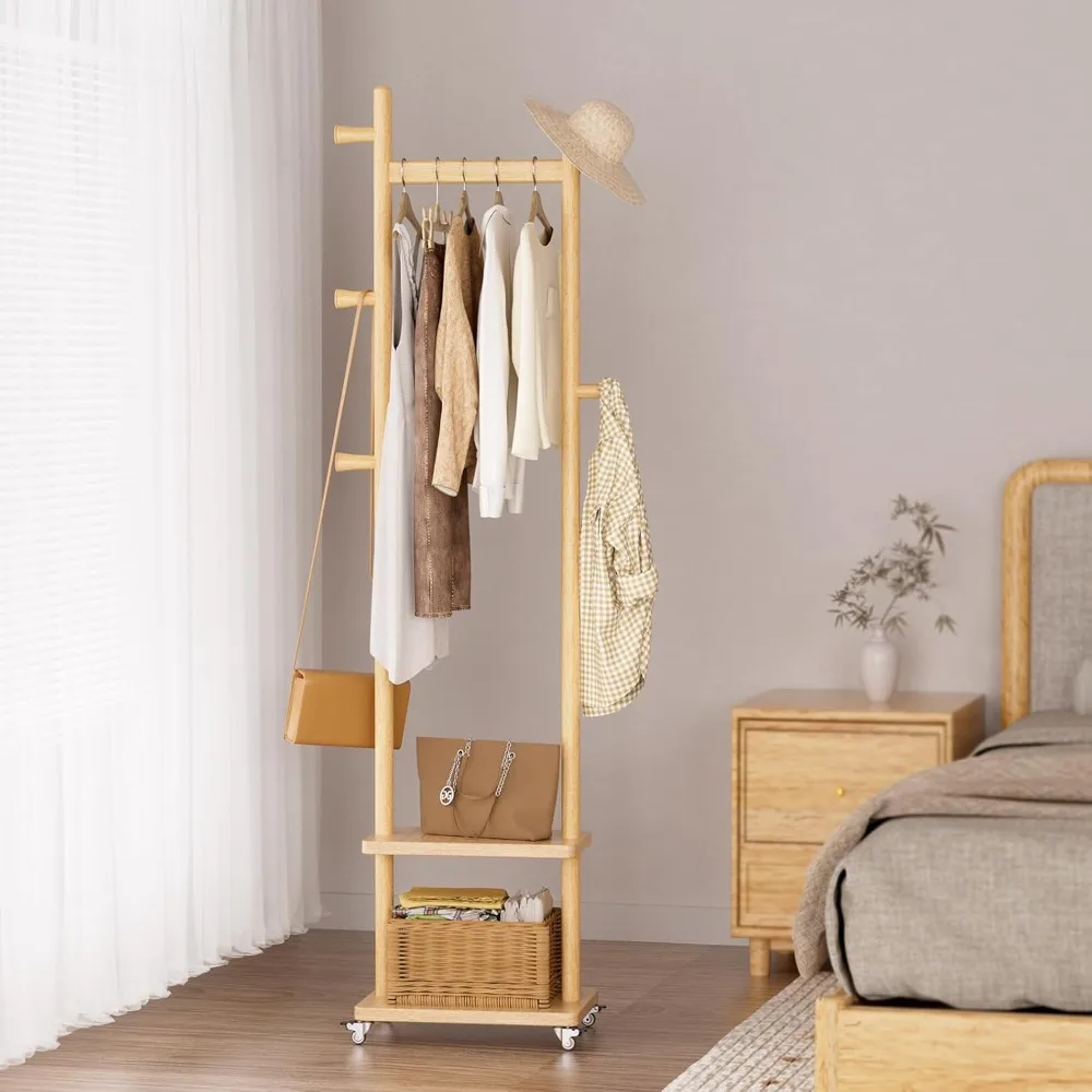 

Heavy Duty Freestanding wooden Coat Rack with Wheels for Corner, Bedroom, Entryway, Living Room & Hotel, Coat Rack