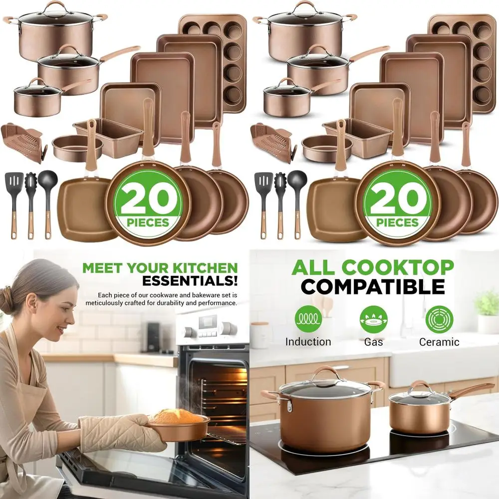 

20-Piece Non-Stick Cookware Set with Cool Handles, Safe for All Cooktops, Easy to Clean