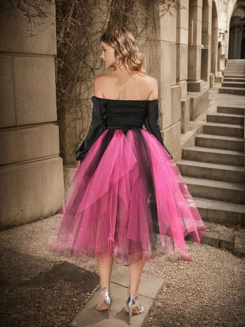 Irregular Rainbow Tutu Skirts Patchwork Tulle High-Low Layered Petticoat Elastic Waist Pleated Bustle Carnival Party Half Skirt