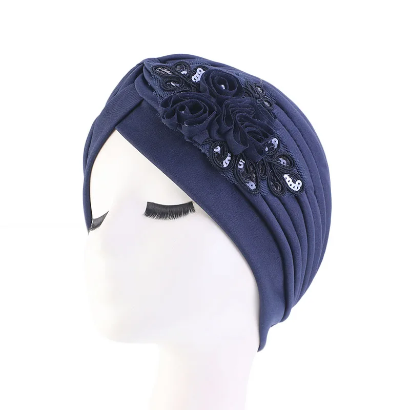 New Flower Decoration Turban Solid Color For Women Fashion Hair Wear Head Wrap Ladies Headwear Cancer Hats India Cap Bandana