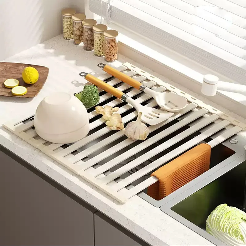 For Foldable Silicone Kitchen Sink Drain Rack Roller Shutter Storage Tableware Fruit and Vegetable Water Filter Rack