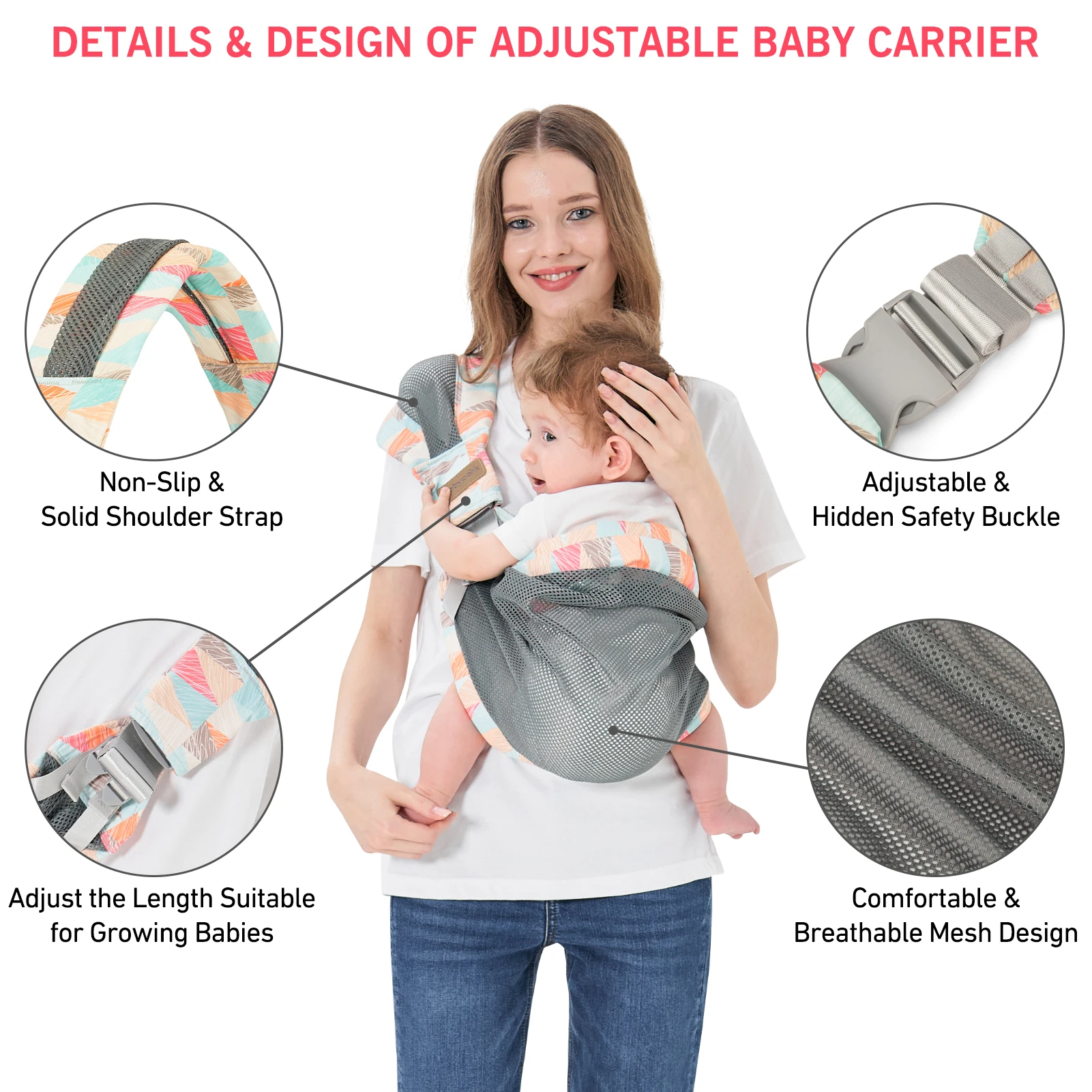 Baby Sling Carrier, Adjustable One Shoulder Lightweight Portable Baby Carrier Sling for Newborn To Toddler, Mesh Ventilation