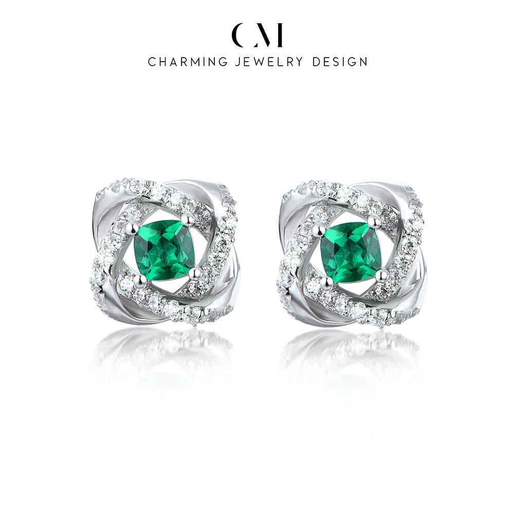 CHARMING Cushion Cut Lab Emerald Cocktail Earrings 925 Sterling Silver for Women Party Gifts Jewelry Gift Engagement Anniversary