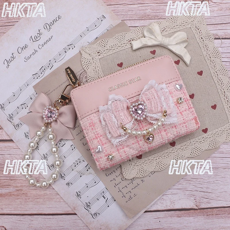 

Japanese Style Sweet Bow Lace Edge Rhinestone Short Wallet for Girl Kawaii Cute Exquisite Money Clip Birthday Gift Mini Card Bag