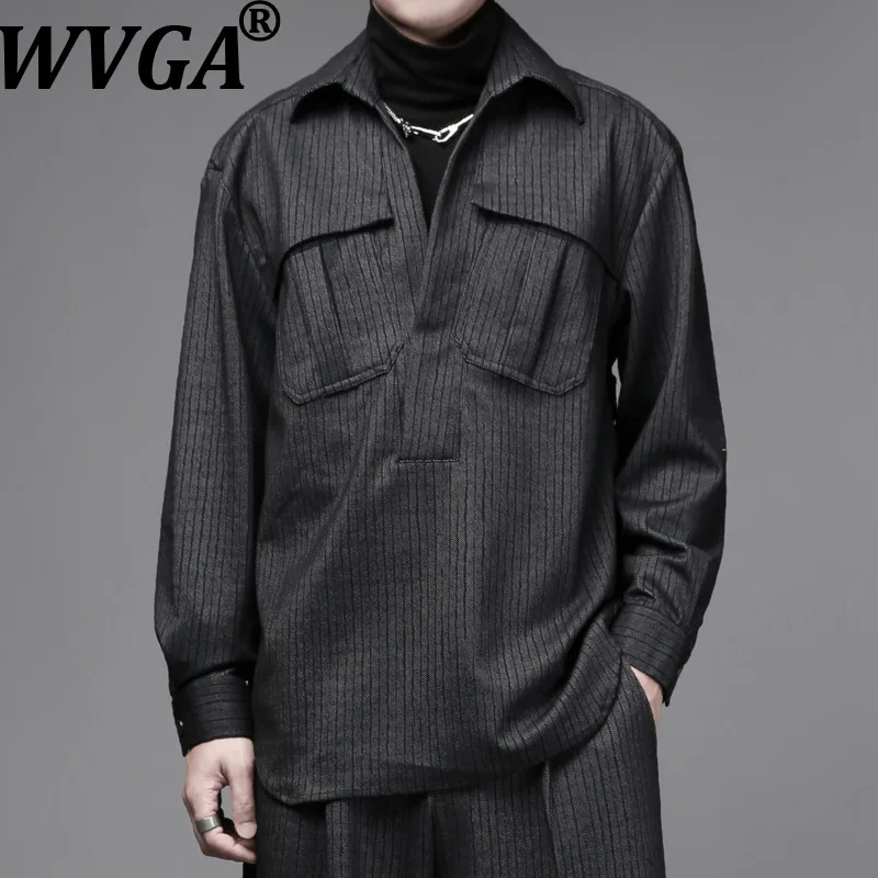 WVGA Spring Autumn New Men Tide Dark Style V-Neck Fake Two-Piece Trendy Long Sleeve Shirts Niche Chic Casual Straight Set W19053