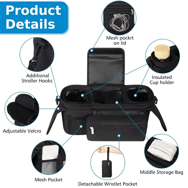 T84C-منظم عربة الأطفال والحيوانات الأليفة العالمي مع حامل أكواب معزول وحقيبة هاتف قابلة للفصل وحزام كتف قابل للتعديل #3