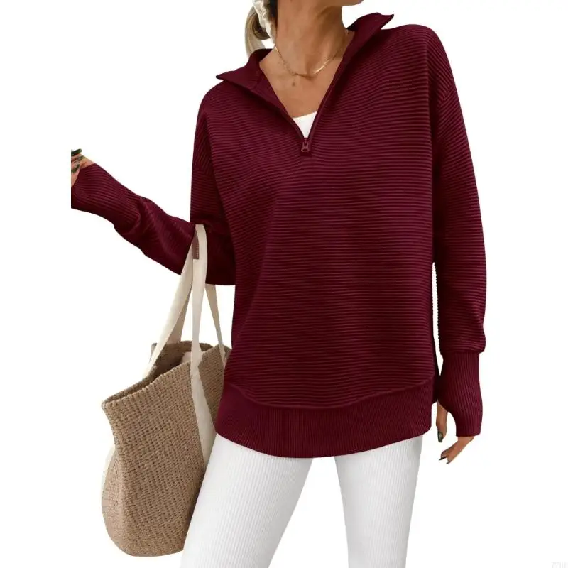 

77HE Women's Quarter Zipper Long Sleeve Loose Ribbed Knit Sweater with Thumbhole