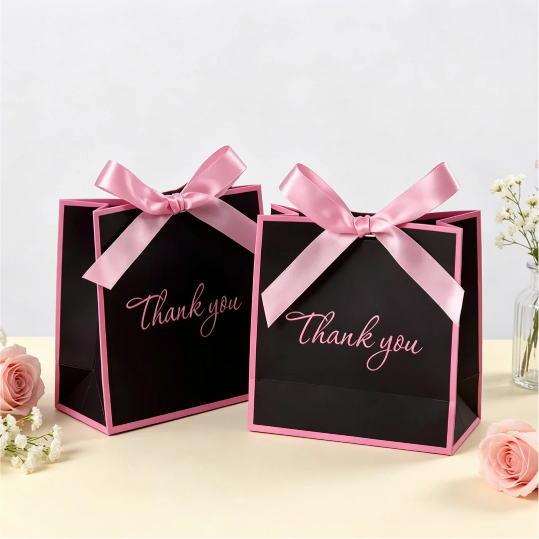 Black Handbag Pink Border Ribbon Jewelry Paper Gift Bag Bowknot Perfume Wedding Party Birthday Packaging Boutique Storage