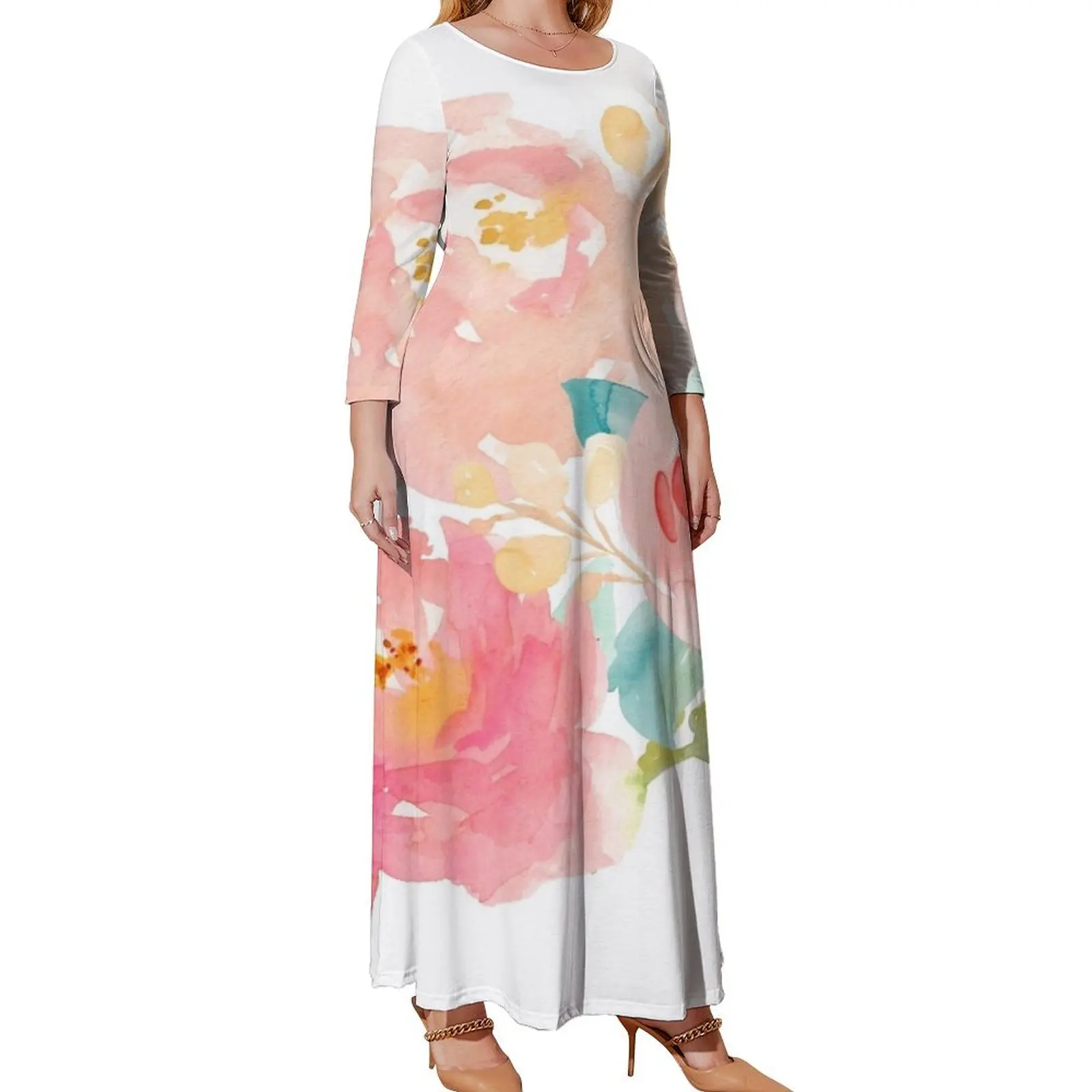 

Peonies Watercolor Bouquet Long Sleeved Dress wedding guest dress 2024 elegant evening dresses for women 2024