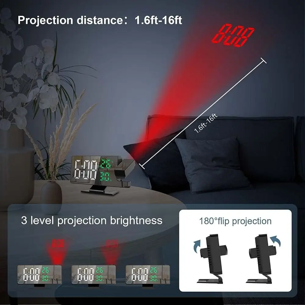 

LED Projection Alarm Clock 3-Level Dimmer 180° Rotating Projection Projection Clock Multifunctional Weekday/Weekend Mode