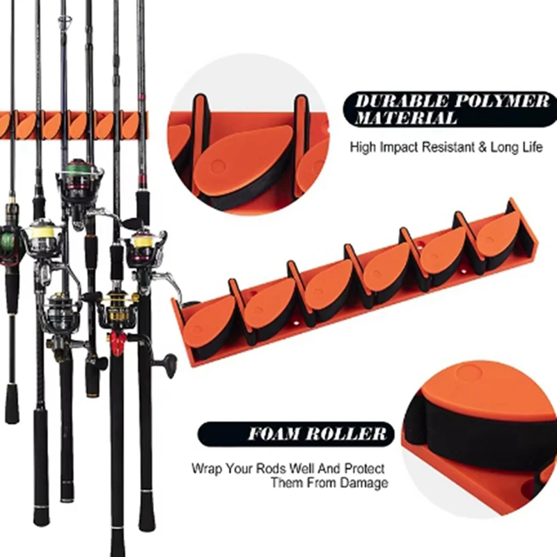 6-Rod Rack Wall Mount Fishing Rod Holders Vertical Sturdy Space Saving Easy Install Pole Holder Fishing Accessories