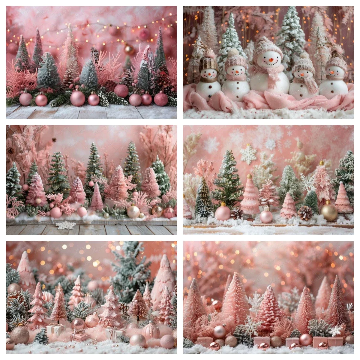 Weihnachts-Fotografie-Hintergrund, Winter-Schneeflocken-Glitzer, Weihnachtsbaum, Heim-Wandbanner, rosa Luftballons, Glocken, Mädchen-Porträt-Hintergrund