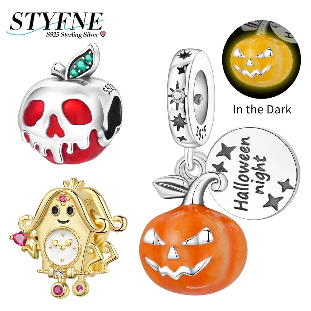 

Подвески на Хэллоуин, серебро 925, красный череп, яблоко, бисер, светящиеся тыквенные бусины, подвеска для Diy, фестивальный браслет, изготовление ювелирных изделий, подарков